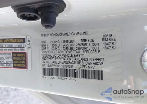 2018 Honda Cr-V Exl from USA, damaged, VIN 5J6RW2H87JL028657